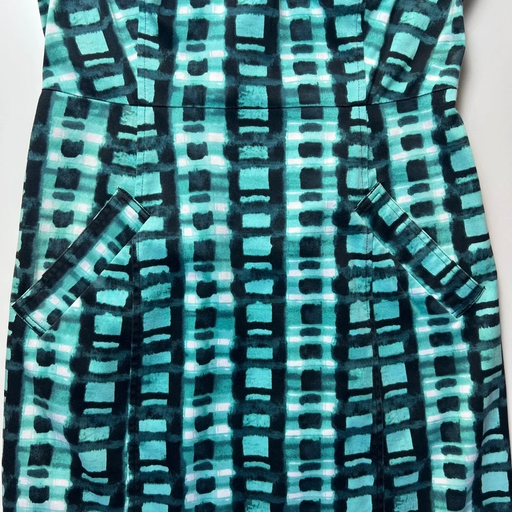 Marvin Richards Cotton Sheath Dress Teal Abstract Print Utility Pockets Size 4 - Picture 8 of 13